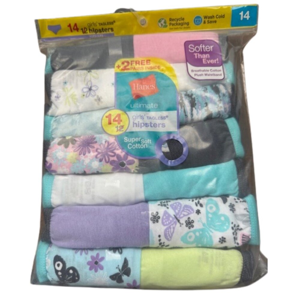 Hanes Girls’ 14-Pack Tagless Hipster Underwear NWT